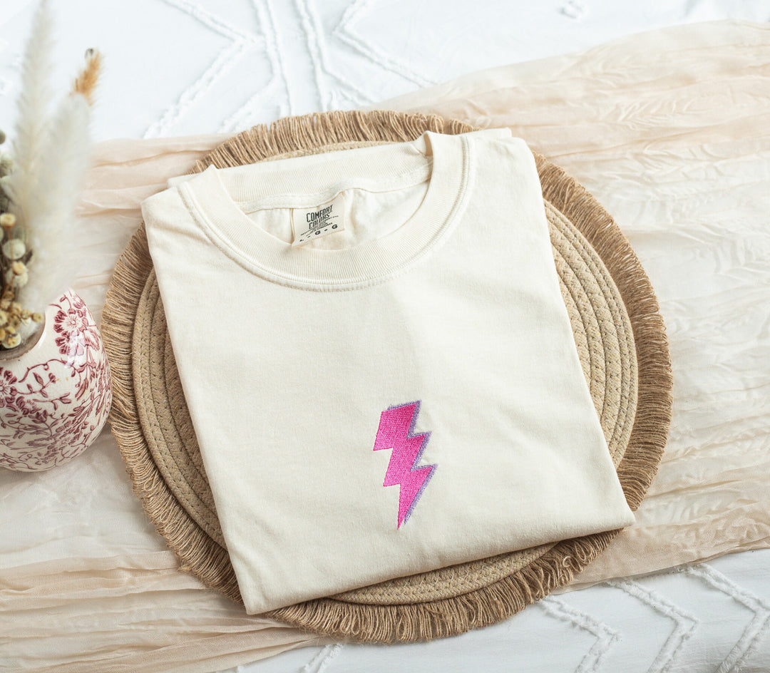Embroidered Lightning Bolt Comfort Colors® Tshirt, Embroidered tshirt for Women, Embroidered Preppy Shirt, Embroidered Tshirt, LIGHB-C-97