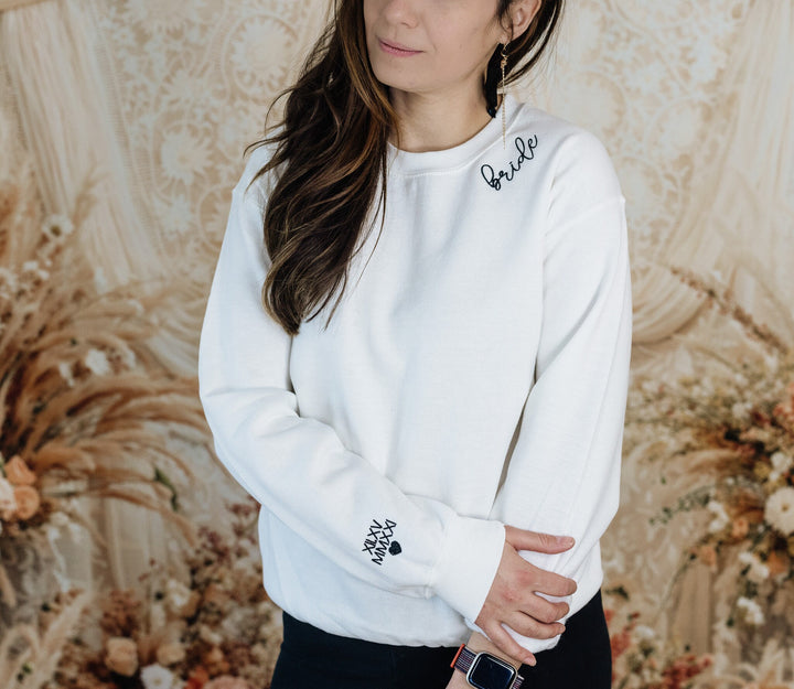 Custom Embroidered Collar and Sleeve Bride Sweatshirt, Personalized Gifts for Bride Bridal Party Gift Bridesmaid, Maid Honor Gift, BPN97C X
