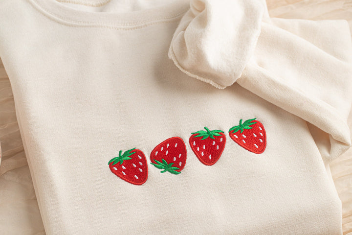 Embroidered Strawberry Sweatshirt, Four Strawberries Embroidered Crewneck, Cute Sweatshirts for Women, Trendy Crewneck, FOURS-C-196