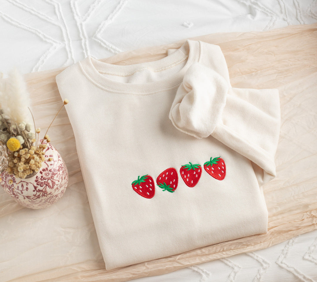 Embroidered Strawberry Sweatshirt, Four Strawberries Embroidered Crewneck, Cute Sweatshirts for Women, Trendy Crewneck, FOURS-C-196