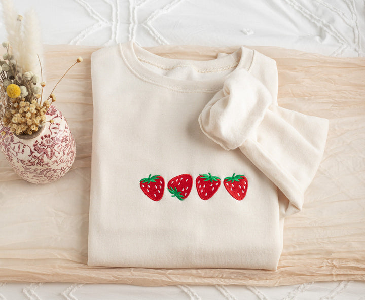 Embroidered Strawberry Sweatshirt, Four Strawberries Embroidered Crewneck, Cute Sweatshirts for Women, Trendy Crewneck, FOURS-C-196