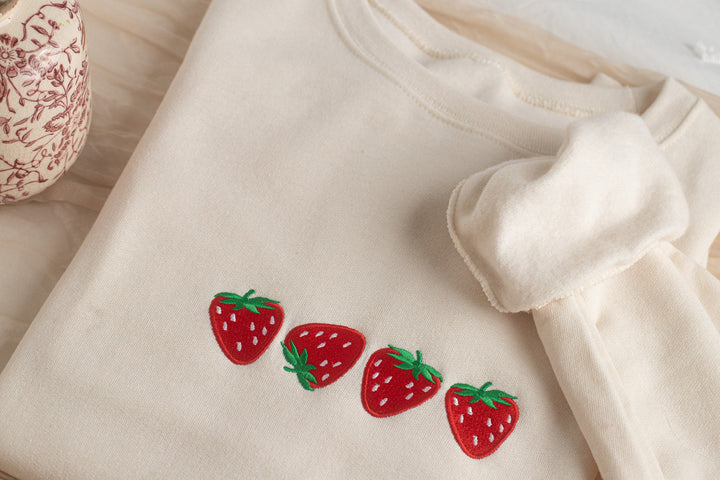 Embroidered Strawberry Sweatshirt, Four Strawberries Embroidered Crewneck, Cute Sweatshirts for Women, Trendy Crewneck, FOURS-C-196