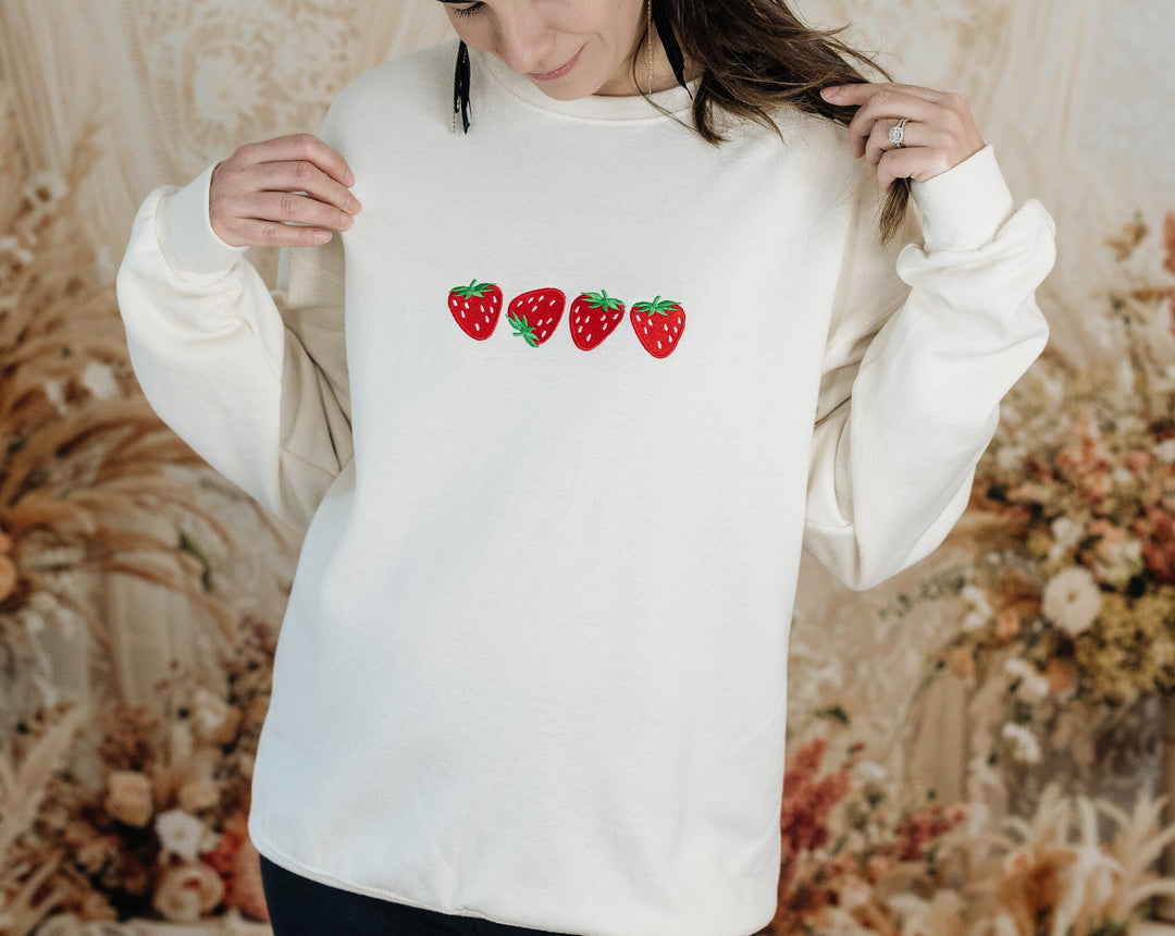 Embroidered Strawberry Sweatshirt, Four Strawberries Embroidered Crewneck, Cute Sweatshirts for Women, Trendy Crewneck, FOURS-C-196