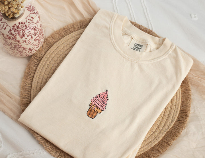 Embroidered Ice Cream Tshirt, Embroidered Cute Summer tshirt, Embroidered Summer Tshirt, Embroidered Comfort Colors Tshirt, ICEC-C-97