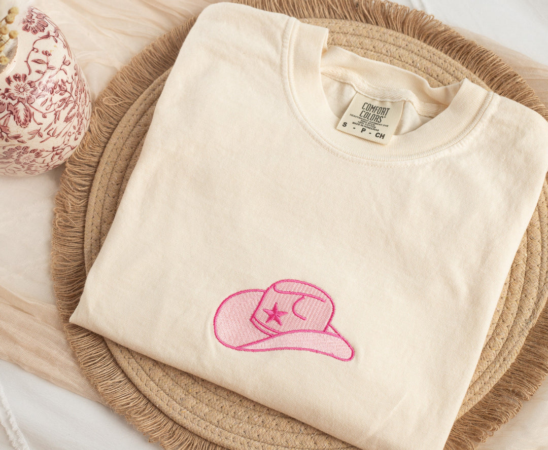 Embroidered Pink Cowboy Hat Comfort Colors® Tshirt, Embroidered Cowgirl Tshirt for Women, Embroidered, Bachelorette Party Tshirt HAT-C-97