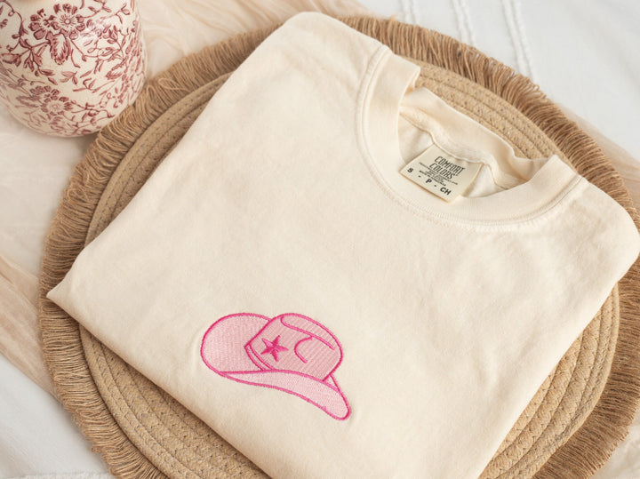 Embroidered Pink Cowboy Hat Comfort Colors® Tshirt, Embroidered Cowgirl Tshirt for Women, Embroidered, Bachelorette Party Tshirt HAT-C-97