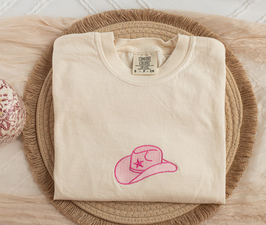 Embroidered Pink Cowboy Hat Comfort Colors® Tshirt, Embroidered Cowgirl Tshirt for Women, Embroidered, Bachelorette Party Tshirt HAT-C-97