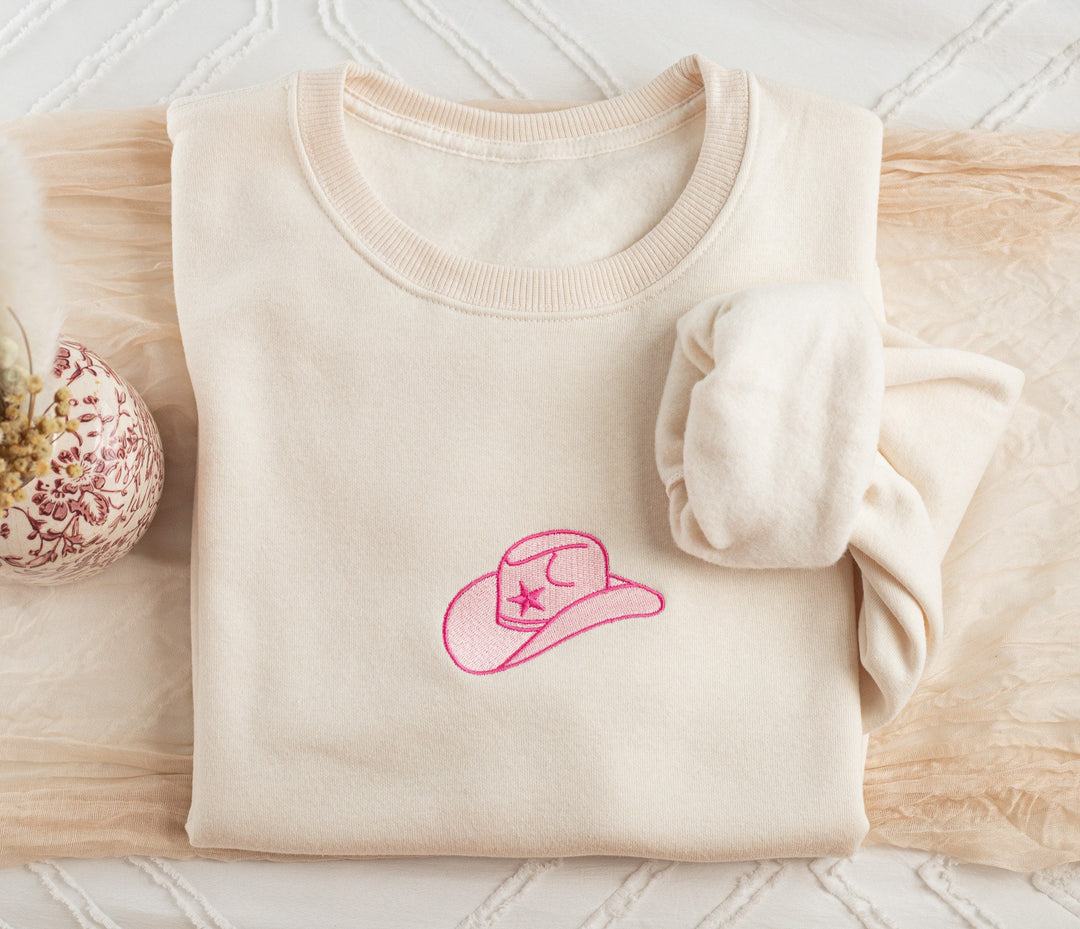 Embroidered Pink Cowboy Hat Sweatshirt, Embroidered Cowgirl Sweatshirt, Funny Sweatshirt, Cowboy Hat Sweatshirt, Trendy Crewneck HAT-C-97
