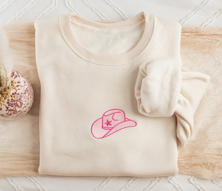 Embroidered Pink Cowboy Hat Sweatshirt, Embroidered Cowgirl Sweatshirt, Funny Sweatshirt, Cowboy Hat Sweatshirt, Trendy Crewneck HAT-C-97