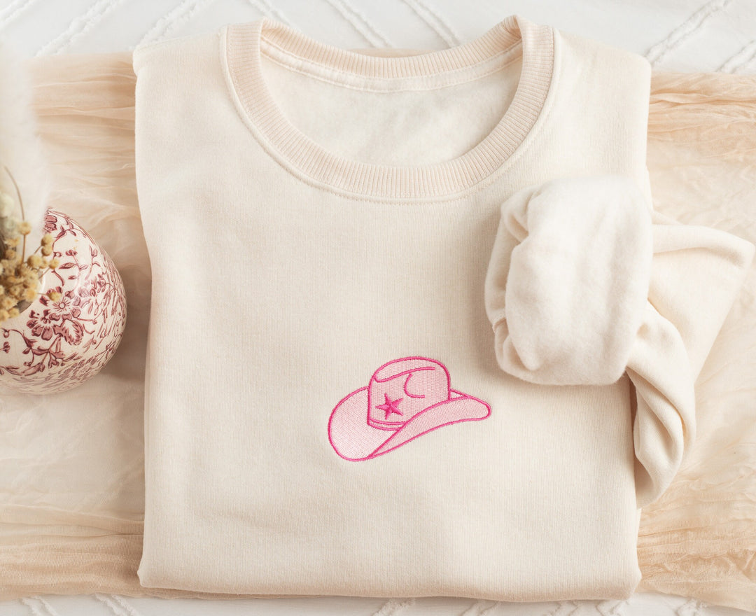 Embroidered Pink Cowboy Hat Sweatshirt, Embroidered Cowgirl Sweatshirt, Funny Sweatshirt, Cowboy Hat Sweatshirt, Trendy Crewneck HAT-C-97