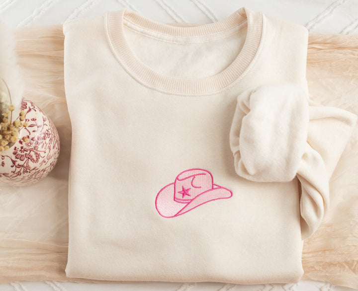 Embroidered Pink Cowboy Hat Sweatshirt, Embroidered Cowgirl Sweatshirt, Funny Sweatshirt, Cowboy Hat Sweatshirt, Trendy Crewneck HAT-C-97
