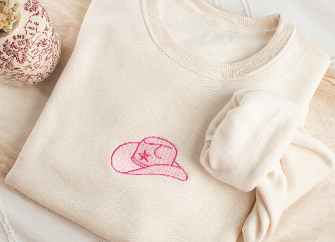 Embroidered Pink Cowboy Hat Sweatshirt, Embroidered Cowgirl Sweatshirt, Funny Sweatshirt, Cowboy Hat Sweatshirt, Trendy Crewneck HAT-C-97