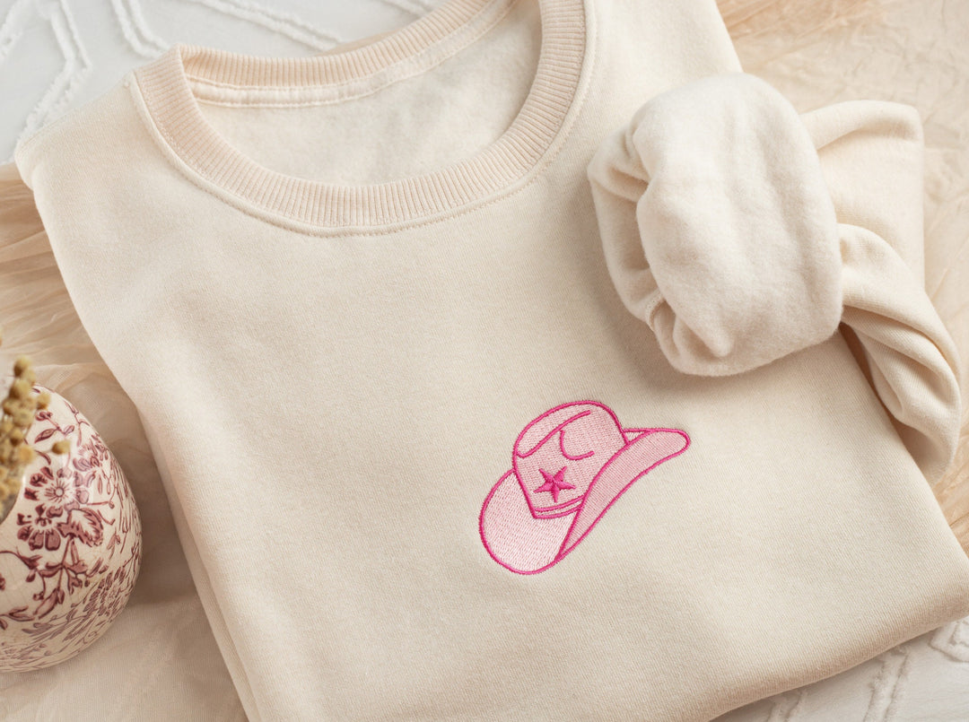 Embroidered Pink Cowboy Hat Sweatshirt, Embroidered Cowgirl Sweatshirt, Funny Sweatshirt, Cowboy Hat Sweatshirt, Trendy Crewneck HAT-C-97