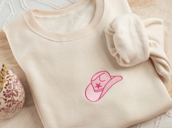 Embroidered Pink Cowboy Hat Sweatshirt, Embroidered Cowgirl Sweatshirt, Funny Sweatshirt, Cowboy Hat Sweatshirt, Trendy Crewneck HAT-C-97