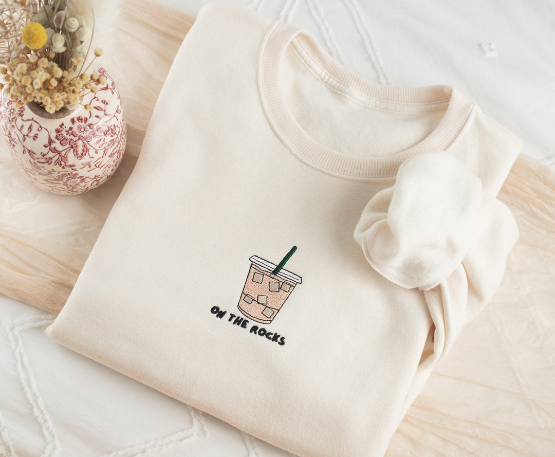 Embroidered On The Rocks Iced Coffee Sweatshirt, Embroidered Iced Coffee Crewneck, Gifts for Coffee Lover, Coffee Sweatshirt, ROCKS-C-97