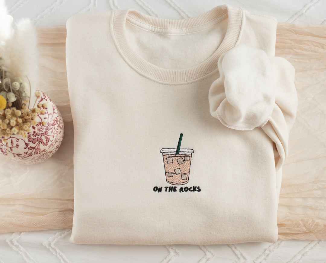 Embroidered On The Rocks Iced Coffee Sweatshirt, Embroidered Iced Coffee Crewneck, Gifts for Coffee Lover, Coffee Sweatshirt, ROCKS-C-97