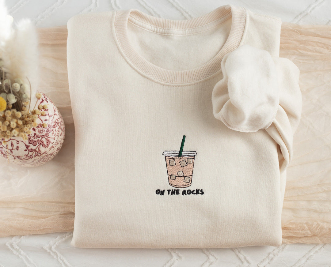 Coffee Lover Gift, On the Rocks Crewneck, Embroidered Iced Coffee Crewneck, Gifts for Coffee Lover, Coffee Addiction Sweatshirt, ROCKS-C-97