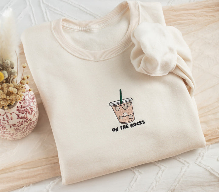 Embroidered On The Rocks Iced Coffee Sweatshirt, Embroidered Iced Coffee Crewneck, Gifts for Coffee Lover, Coffee Sweatshirt, ROCKS-C-97