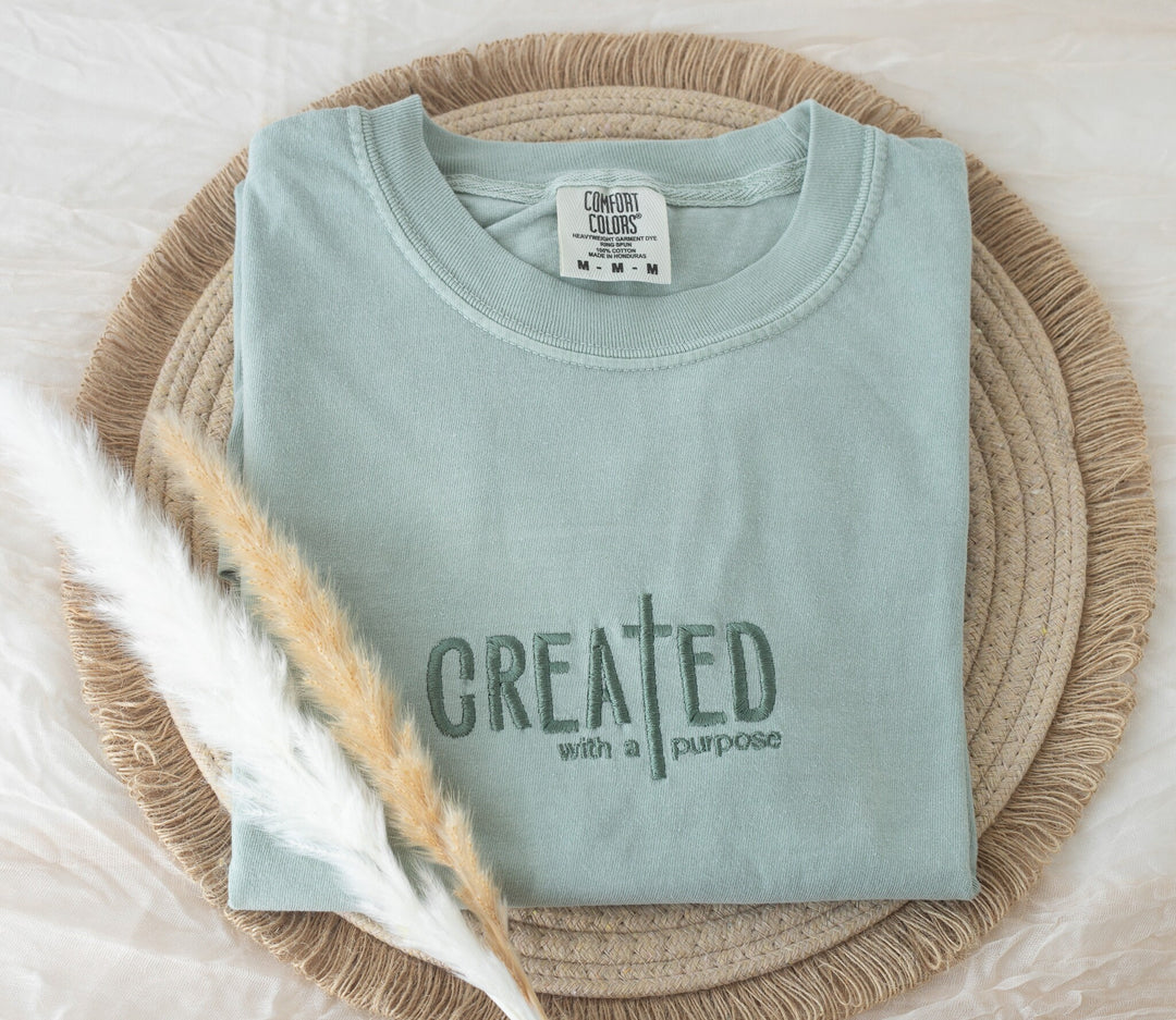 Embroidered Created With a Purpose Tshirt, Embroidered Christian Tshirt, Embroidered Bible Verse Tshirt, Christian Bible Gift, CREA-C-120