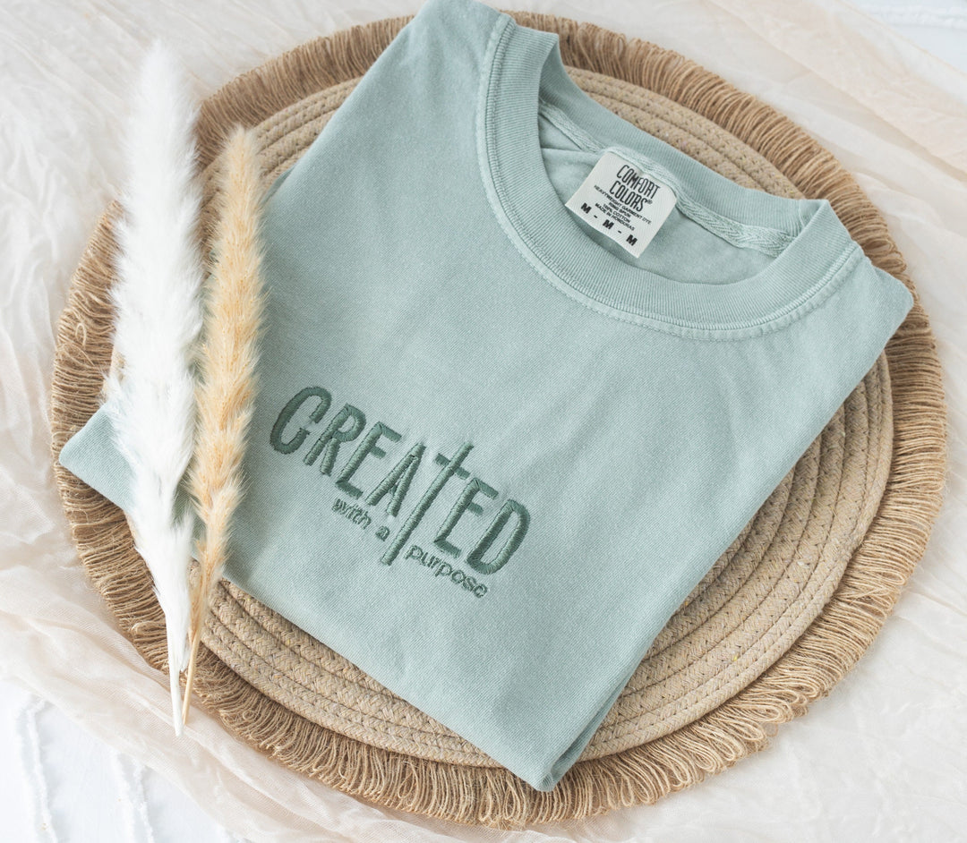 Embroidered Created With a Purpose Tshirt, Embroidered Christian Tshirt, Embroidered Bible Verse Tshirt, Christian Bible Gift, CREA-C-120