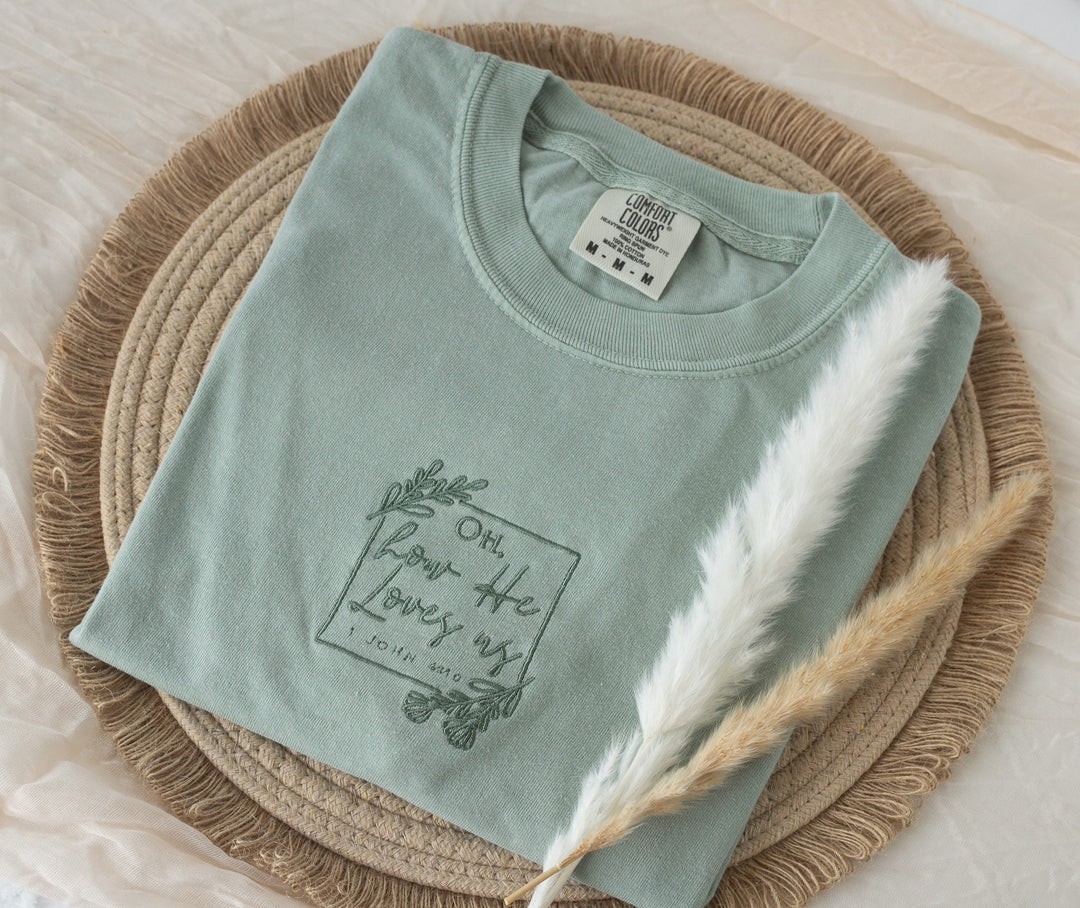 Embroidered Oh How He Loves Us Tshirt, Embroidered Christian Tshirt, Embroidered Bible Verse Tshirt, Christian Gifts, Bible Gift, OHL-C-97