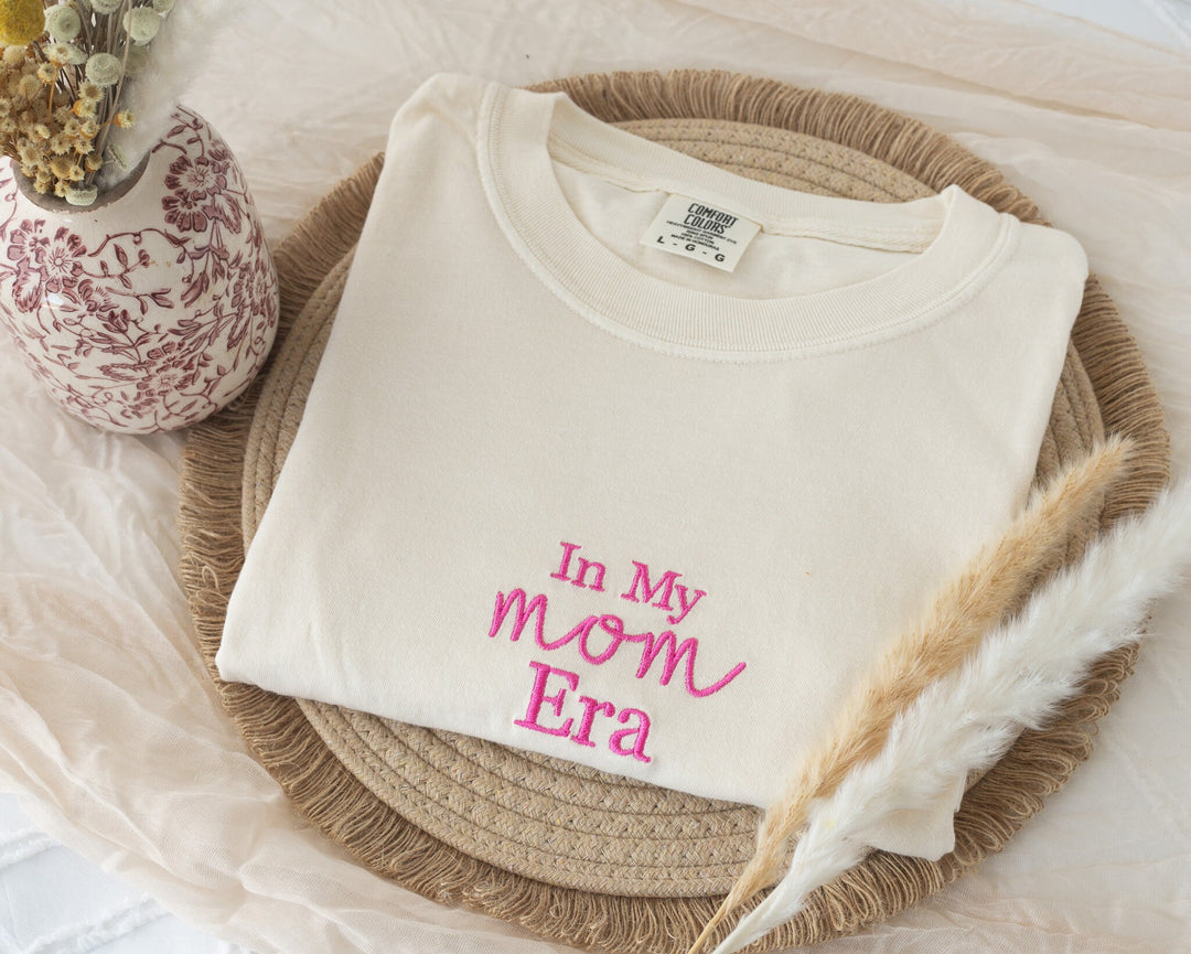 Embroidered In My Mom era Tshirt, Embroidered mom tshirt, Embroidered Summer Tshirt, Embroidered Boho Shirt, New Mom Gift, Baby INMYM-C-97