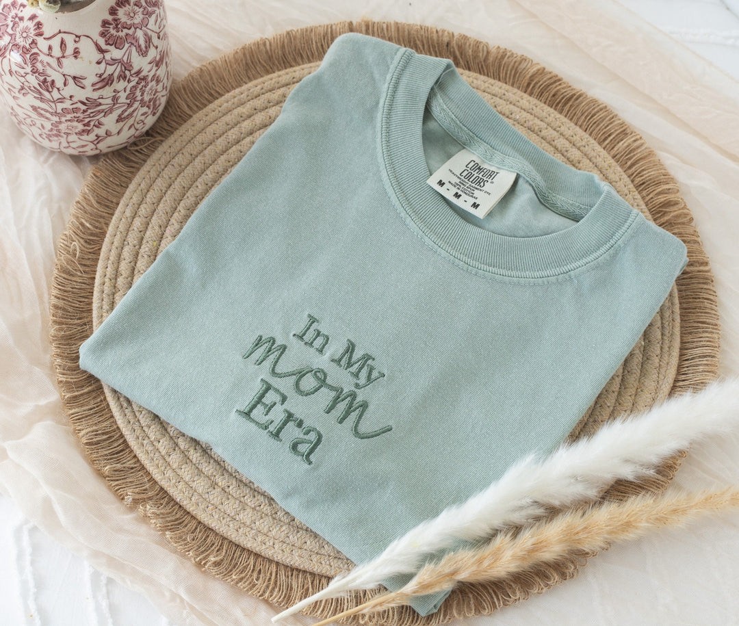 Embroidered In My Mom era Tshirt, Embroidered mom tshirt, Embroidered Summer Tshirt, Embroidered Boho Shirt, New Mom Gift, Baby INMYM-C-97