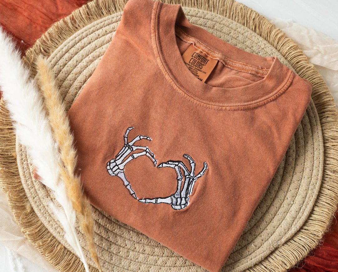 Embroidered Skeleton T-shirt, Yam Colored T-shirt, Trendy Fall T-shirt, Cute Fall shirts Women, Cowboy Ghost Fall Halloween Tee, SK1C-120