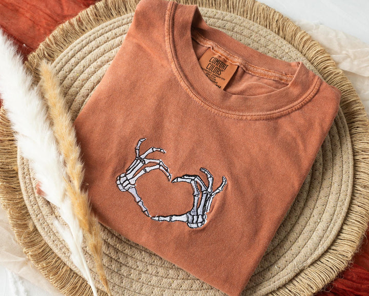 Embroidered Skeleton T-shirt, Yam Colored T-shirt, Trendy Fall T-shirt, Cute Fall shirts Women, Cowboy Ghost Fall Halloween Tee, SK1C-120
