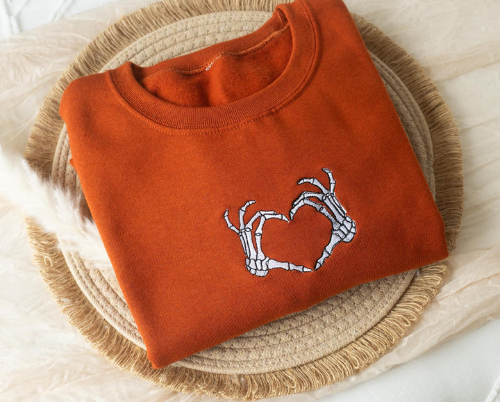 Embroidered Skeleton Heart Sweatshirt, Embroidered Halloween Sweatshirt, Funny Fall Sweatshirt, Trendy Fall Crewneck, SK1C-120