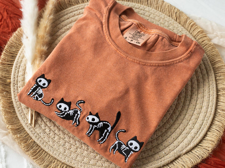 Embroidered Skeleton Cats T-shirt, Yam Colored T-shirt, Fall T-shirt, Cute Fall shirts for Women, Cowboy Ghost Fall Halloween Tee, C4-C-196