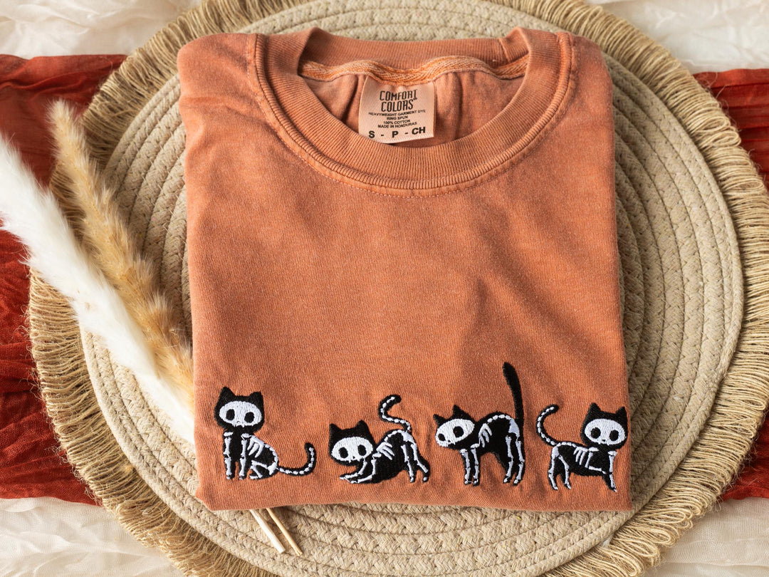 Embroidered Skeleton Cats T-shirt, Yam Colored T-shirt, Fall T-shirt, Cute Fall shirts for Women, Cowboy Ghost Fall Halloween Tee, C4-C-196