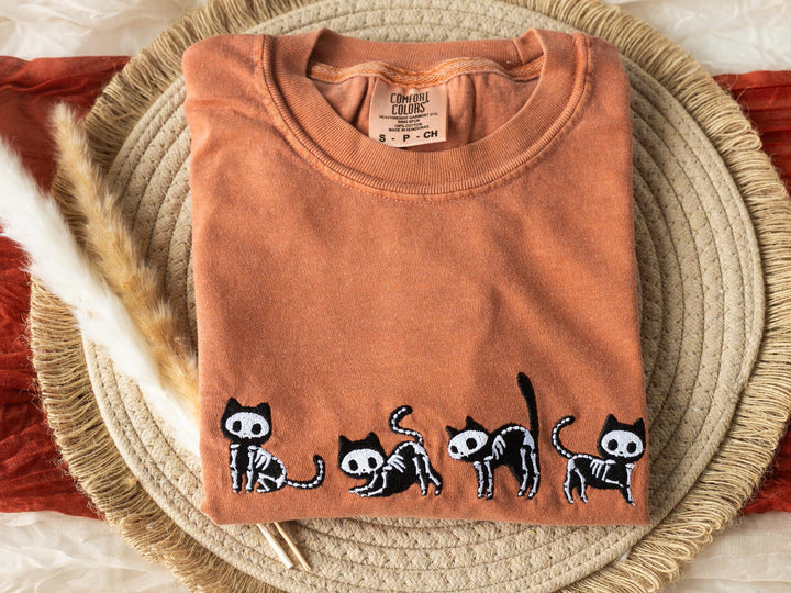 Embroidered Skeleton Cats T-shirt, Yam Colored T-shirt, Fall T-shirt, Cute Fall shirts for Women, Cowboy Ghost Fall Halloween Tee, C4-C-196