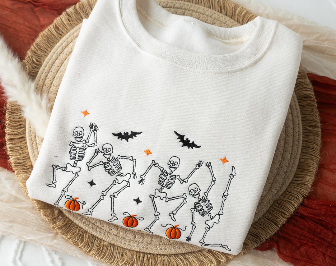 Embroidered Dancing Skeleton Heart Sweatshirt, Embroidered Halloween Sweatshirt, Funny Fall Sweatshirt, Trendy Fall Crewneck, DS1-C-196