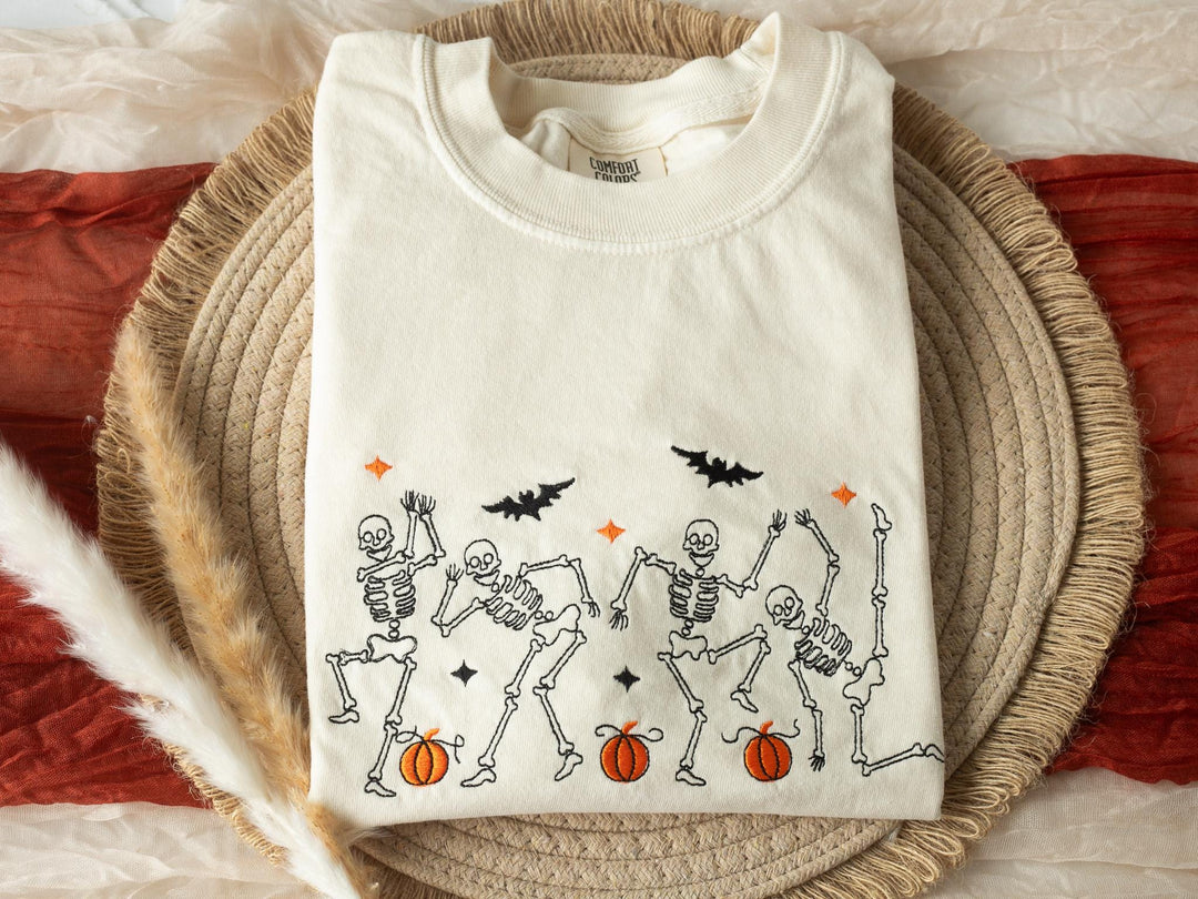 Embroidered Dancing Skeleton T-shirt, Yam Colored T-shirt, Fall T-shirt, Cute Fall shirts Women, Cowboy Ghost Fall Halloween Tee, DS1-C-196
