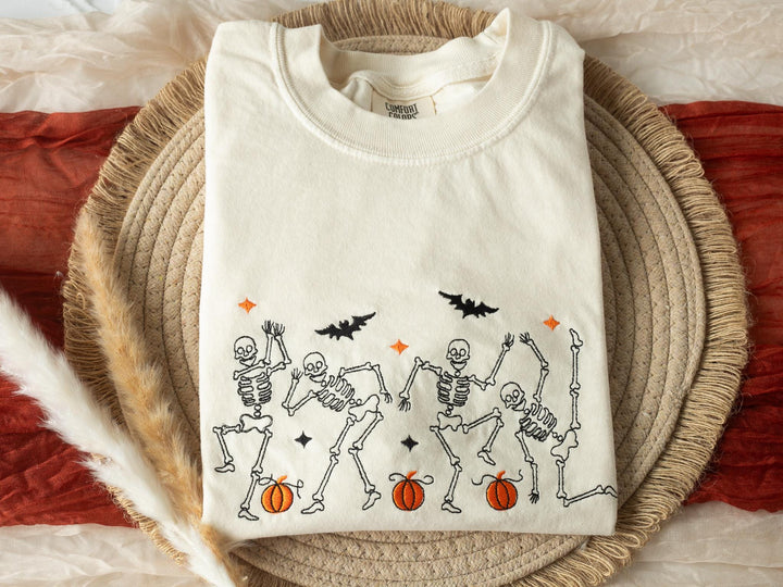 Embroidered Dancing Skeleton T-shirt, Yam Colored T-shirt, Fall T-shirt, Cute Fall shirts Women, Cowboy Ghost Fall Halloween Tee, DS1-C-196