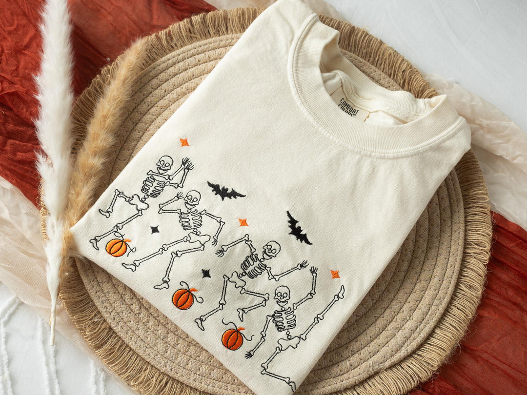 Embroidered Dancing Skeleton T-shirt, Yam Colored T-shirt, Fall T-shirt, Cute Fall shirts Women, Cowboy Ghost Fall Halloween Tee, DS1-C-196