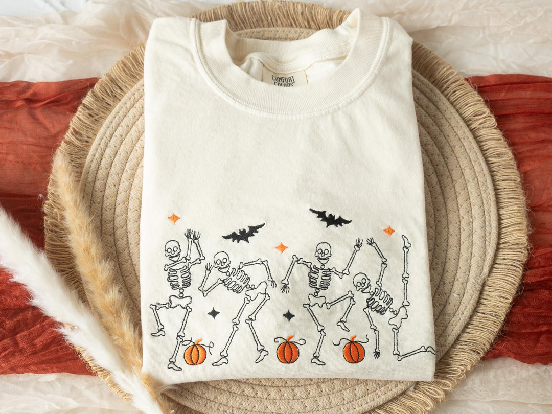 Embroidered Dancing Skeleton T-shirt, Yam Colored T-shirt, Fall T-shirt, Cute Fall shirts Women, Cowboy Ghost Fall Halloween Tee, DS1-C-196