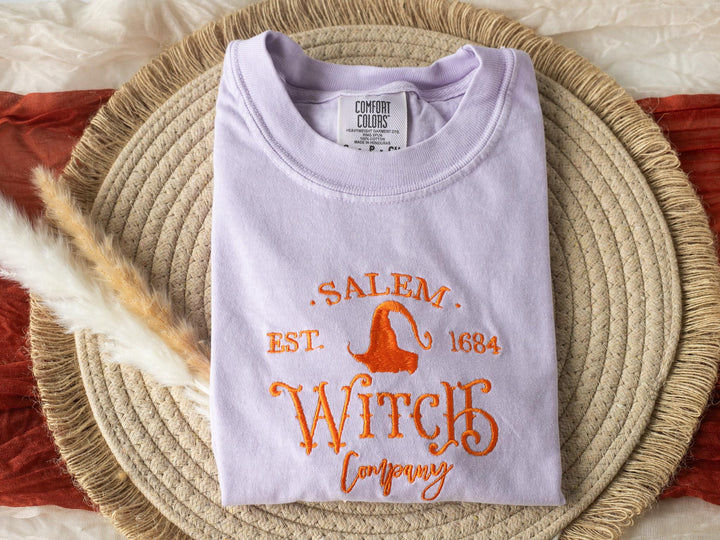 Embroidered Salem Witch Company T-shirt, Yam Colored T-shirt, Fall T-shirt, Cute Fall shirts for Women, Ghost Fall Halloween Tee, SW1-C-196