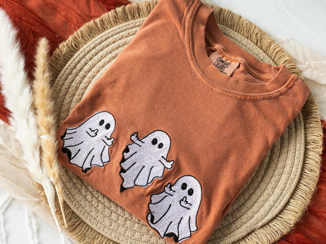 Embroidered Middle Finger Ghost T-shirt, Yam Colored T-shirt, Fall T-shirt, Cute Fall shirts for Women, Ghost Fall Halloween Tee, MF1-C-196