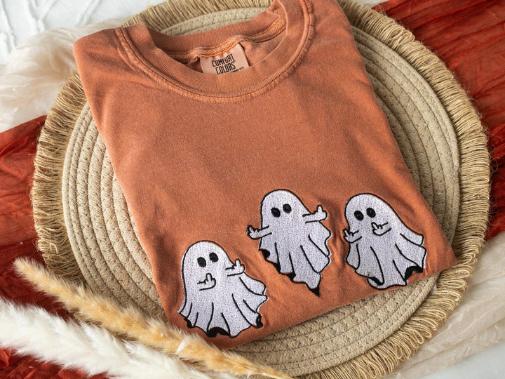 Embroidered Middle Finger Ghost T-shirt, Yam Colored T-shirt, Fall T-shirt, Cute Fall shirts for Women, Ghost Fall Halloween Tee, MF1-C-196