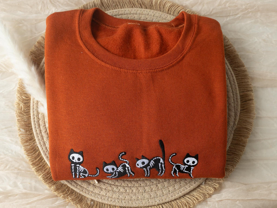 Embroidered Skeleton Cats Sweatshirt, Embroidered Halloween Sweatshirt, Cat Fall Sweatshirt, Cat Ghost Fall Crewneck, C4-C-196