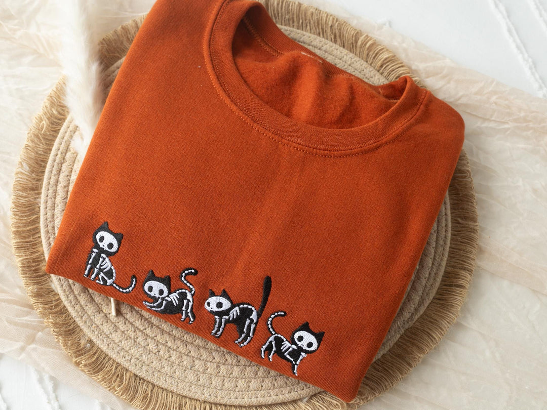 Embroidered Skeleton Cats Sweatshirt, Embroidered Halloween Sweatshirt, Cat Fall Sweatshirt, Cat Ghost Fall Crewneck, C4-C-196