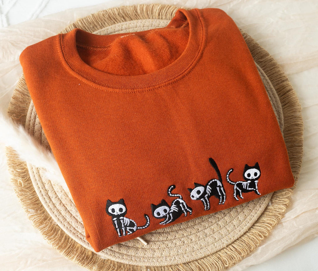 Embroidered Skeleton Cats Sweatshirt, Embroidered Halloween Sweatshirt, Cat Fall Sweatshirt, Cat Ghost Fall Crewneck, C4-C-196