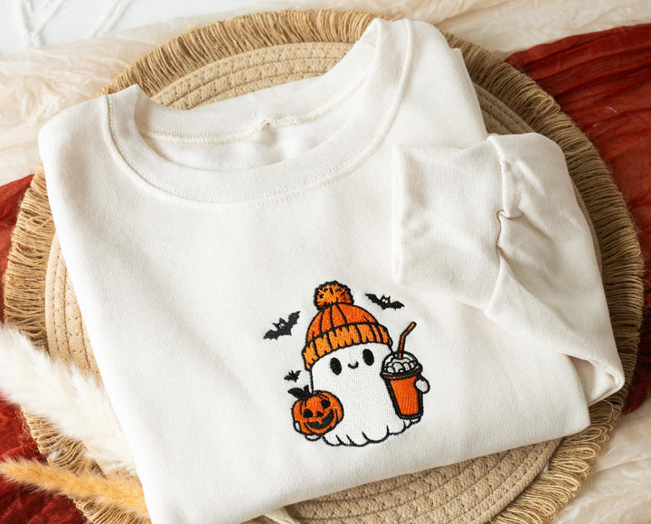 Embroidered Cute Ghost Sweatshirt, Embroidered Fall Sweatshirt, Halloween Sweatshirt, Coffee Ghost Sweatshirt, Sweatshirt Crewneck, BG1-C-97