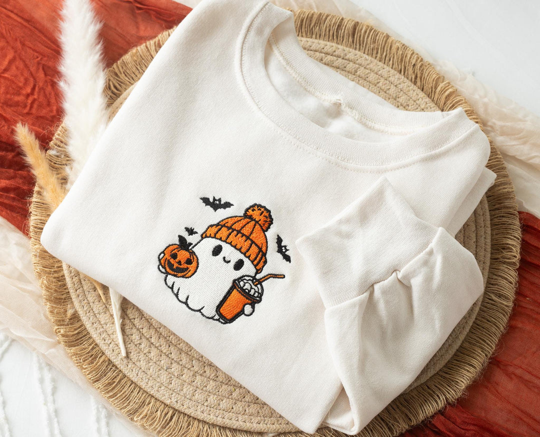 Embroidered Cute Ghost Sweatshirt, Embroidered Fall Sweatshirt, Halloween Sweatshirt, Coffee Ghost Sweatshirt, Sweatshirt Crewneck, BG1-C-97