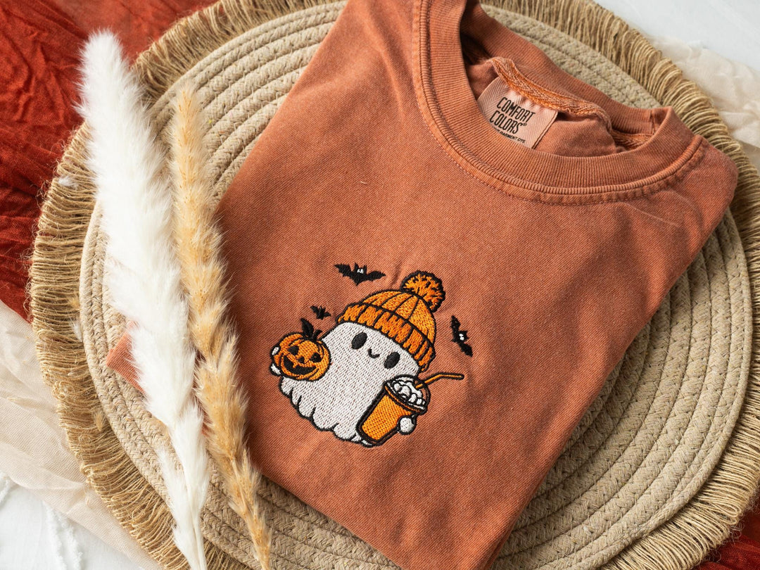 Embroidered Coffee Lover Ghost Tshirt, Yam Colored T-shirt, Trendy Fall T-shirt, Fall shirts for Women, Cute Ghost Fall Halloween BG1-C-97