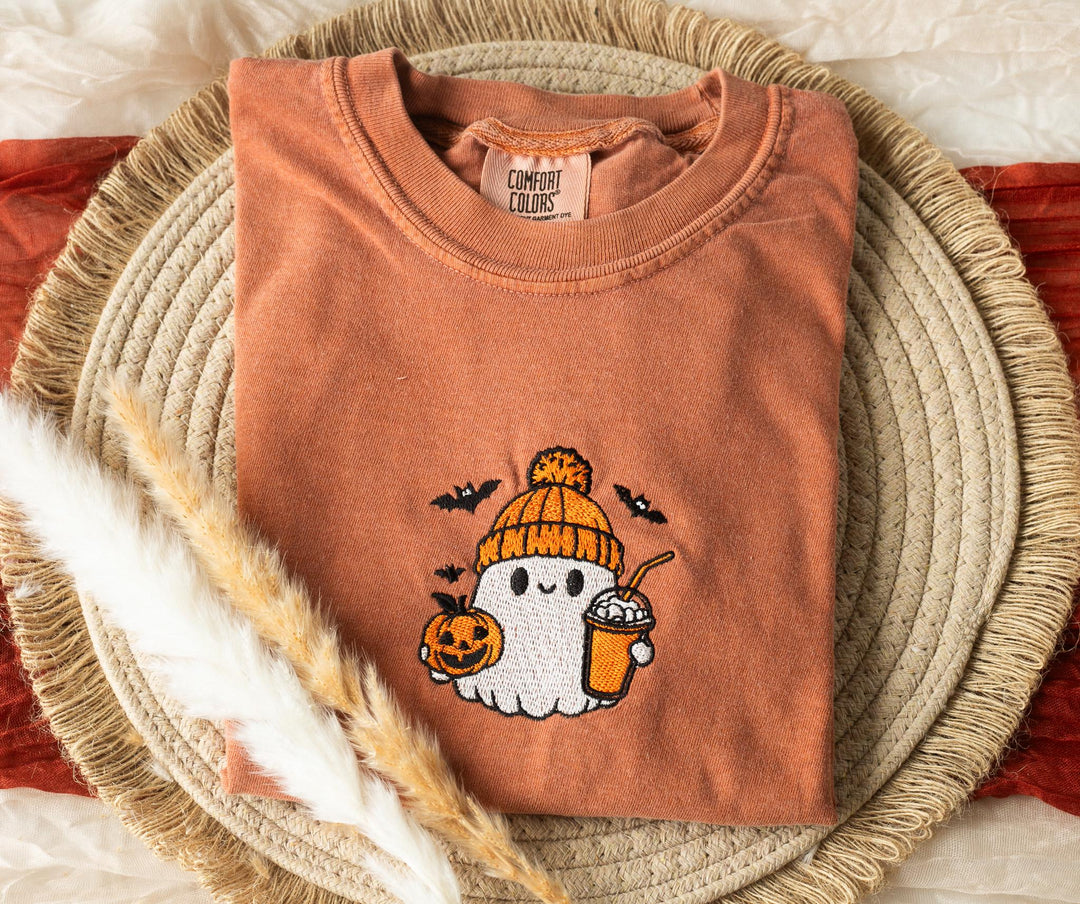 Embroidered Coffee Lover Ghost Tshirt, Yam Colored T-shirt, Trendy Fall T-shirt, Fall shirts for Women, Cute Ghost Fall Halloween BG1-C-97