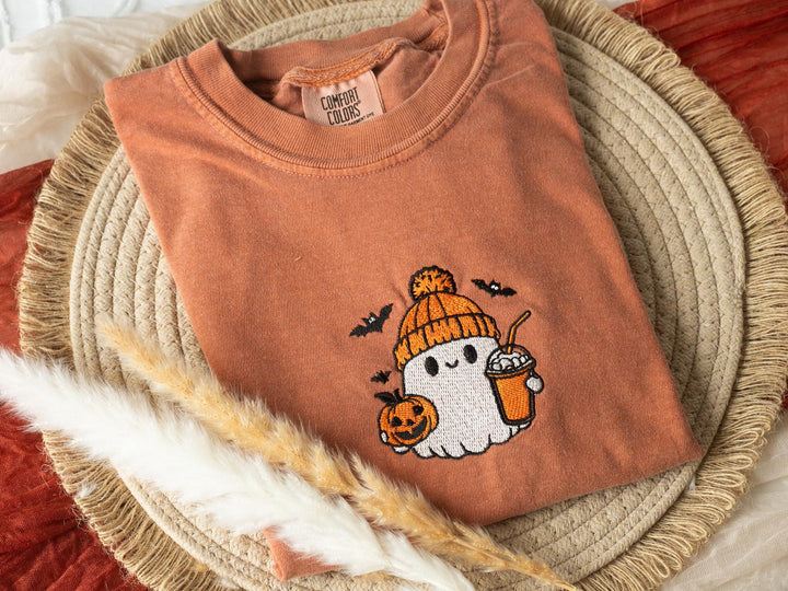 Embroidered Coffee Lover Ghost Tshirt, Yam Colored T-shirt, Trendy Fall T-shirt, Fall shirts for Women, Cute Ghost Fall Halloween BG1-C-97