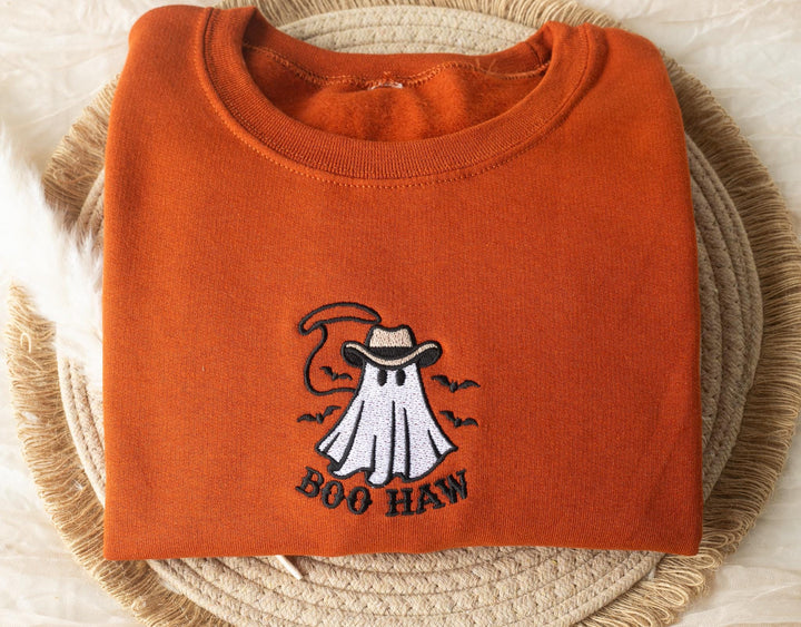 Embroidered Boo Haw Ghost Sweatshirt, Embroidered Fall Sweatshirt, Halloween Sweatshirt, Cowboy Ghost Sweatshirt, Trendy Crewneck, BO1-C-97
